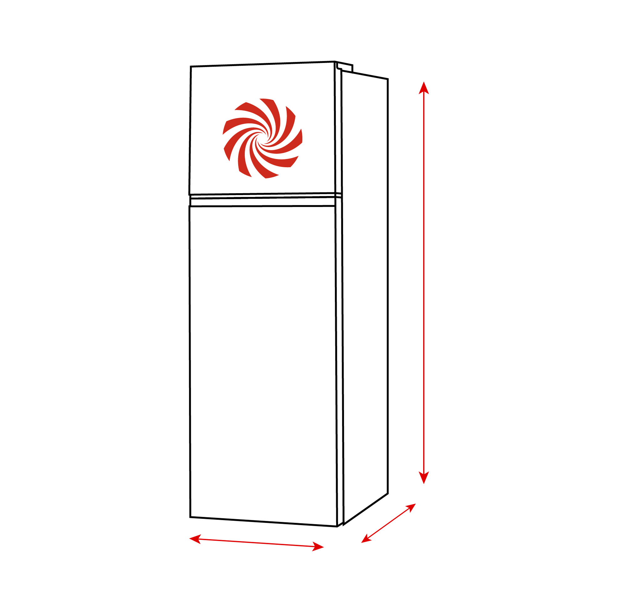 Un esquema blanco de refrigerador con flechas de dimensión rojas.