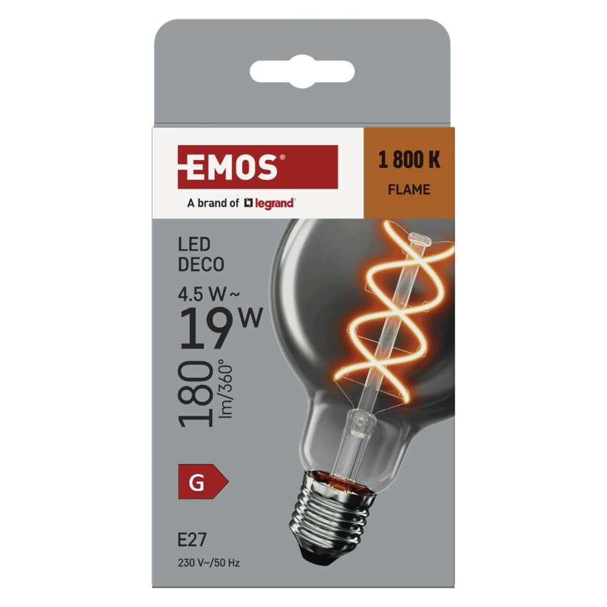 LED-izzó csomagolása dekoratív spirálfilamenttel, 4,5W, 180lm/360°.