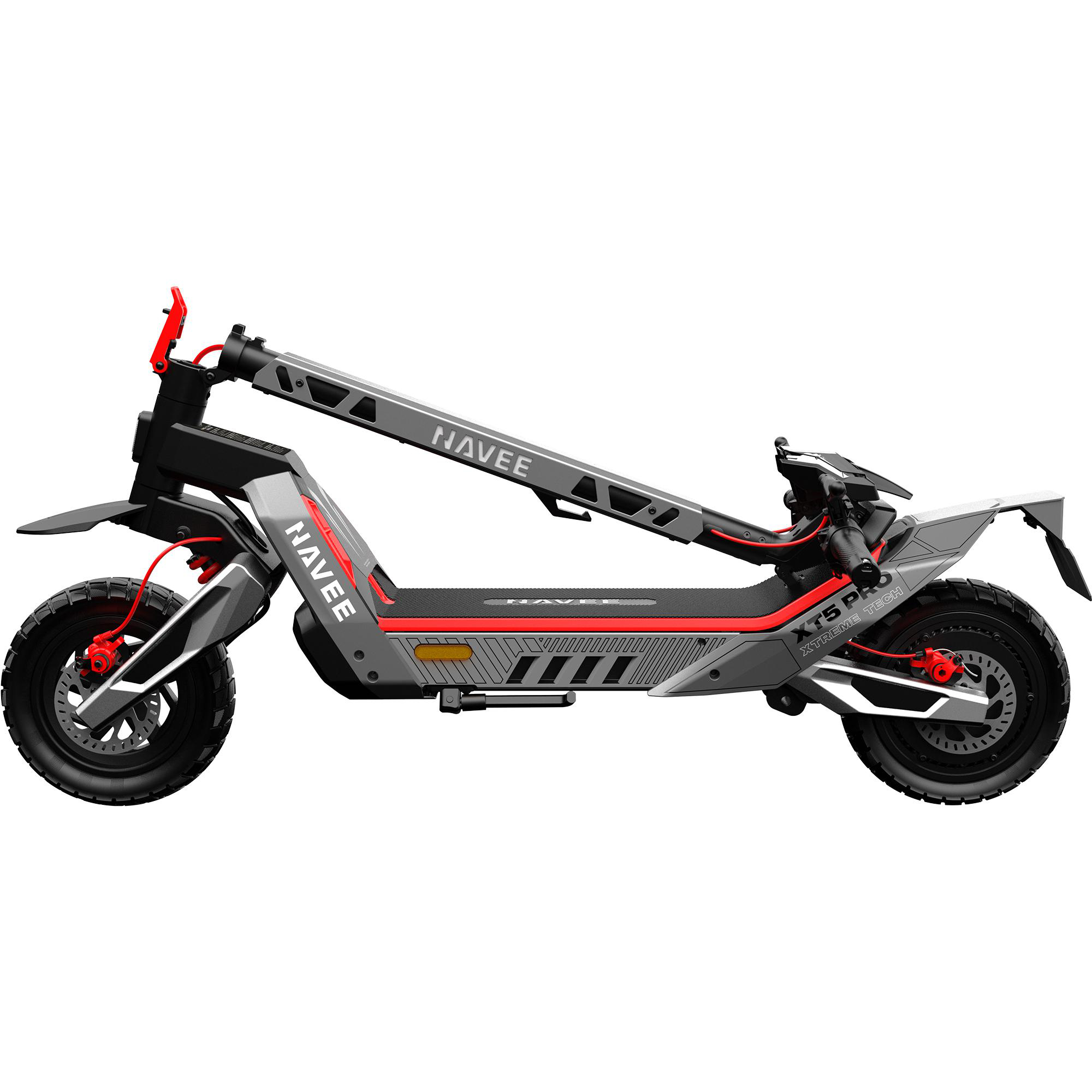 Grauer und schwarzer Navee E-Scooter mit roten Akzenten, Scheibenbremsen und breiten Reifen.