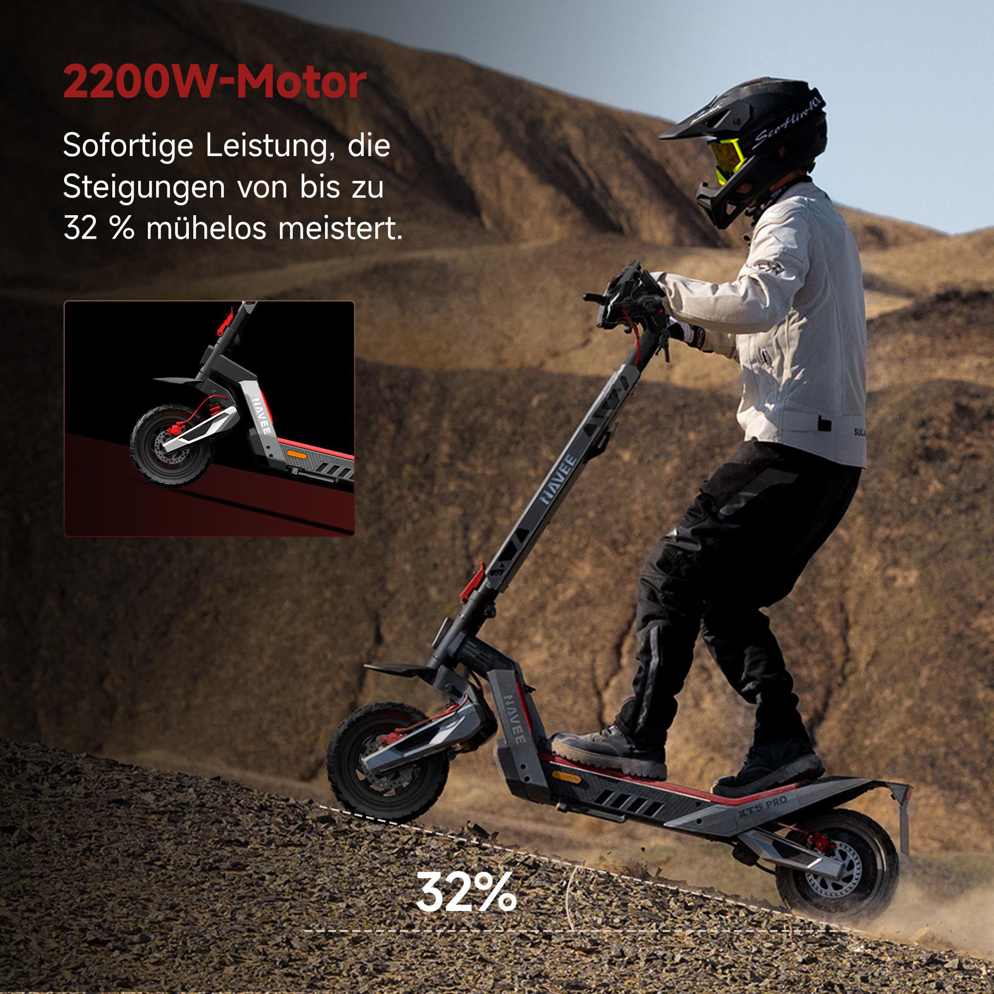 Ein Fahrer auf einem E-Scooter fährt bergauf. 32% Steigung.