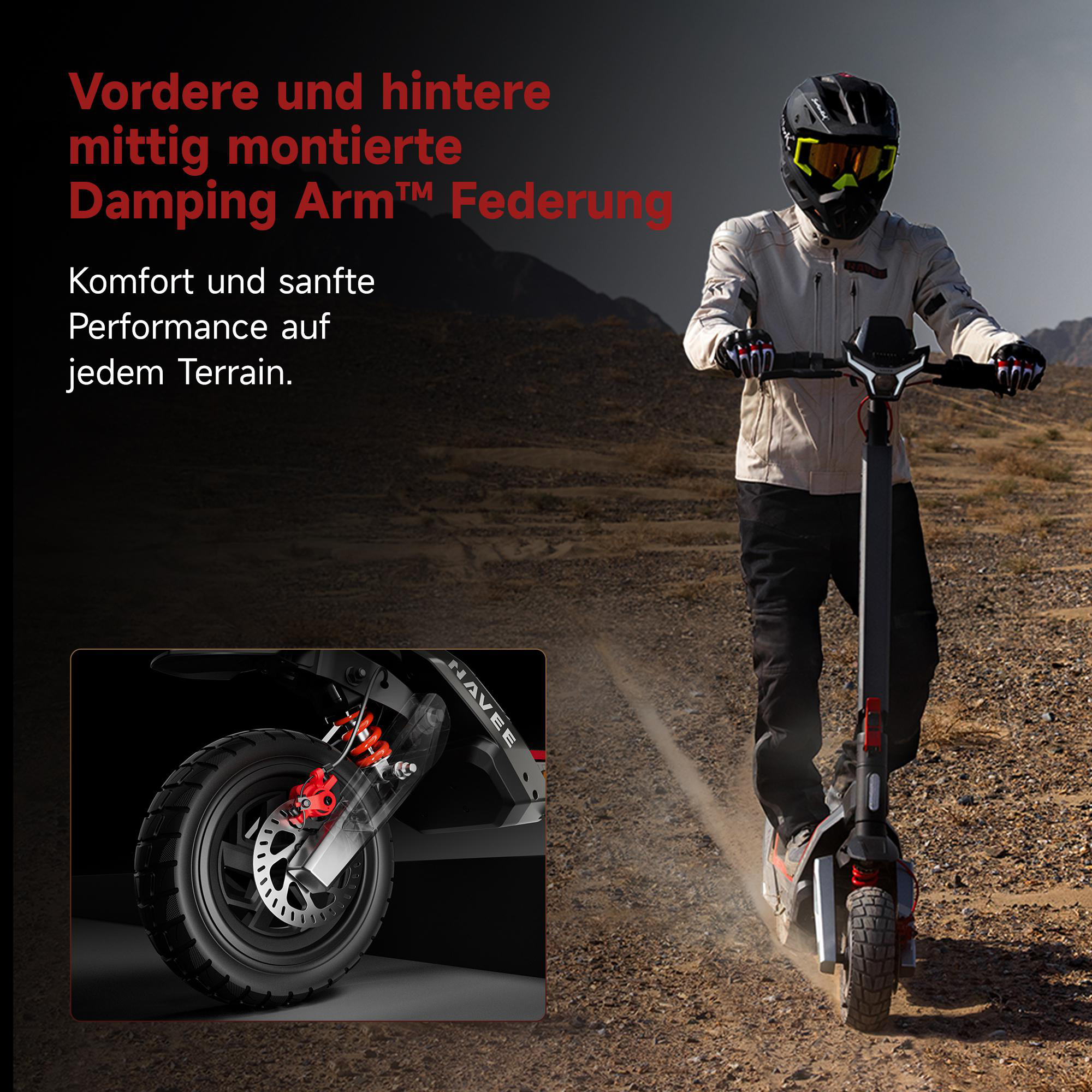 Fahrer auf E-Scooter im Gelände mit Fokus auf Federung.