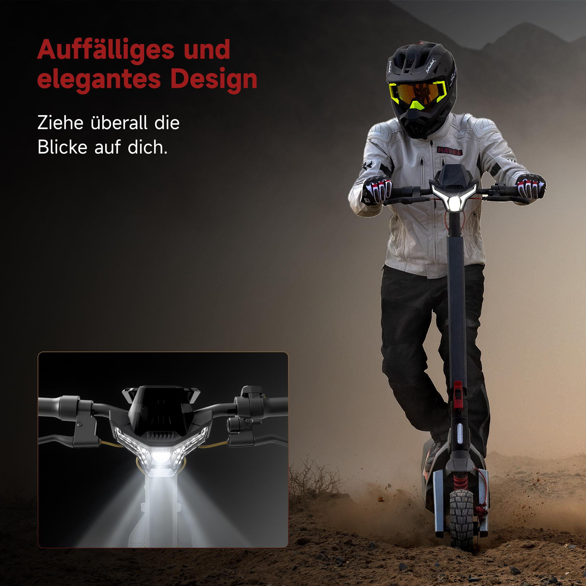 Ein Mann fährt einen E-Scooter im Gelände, trägt Helm und Schutzjacke.