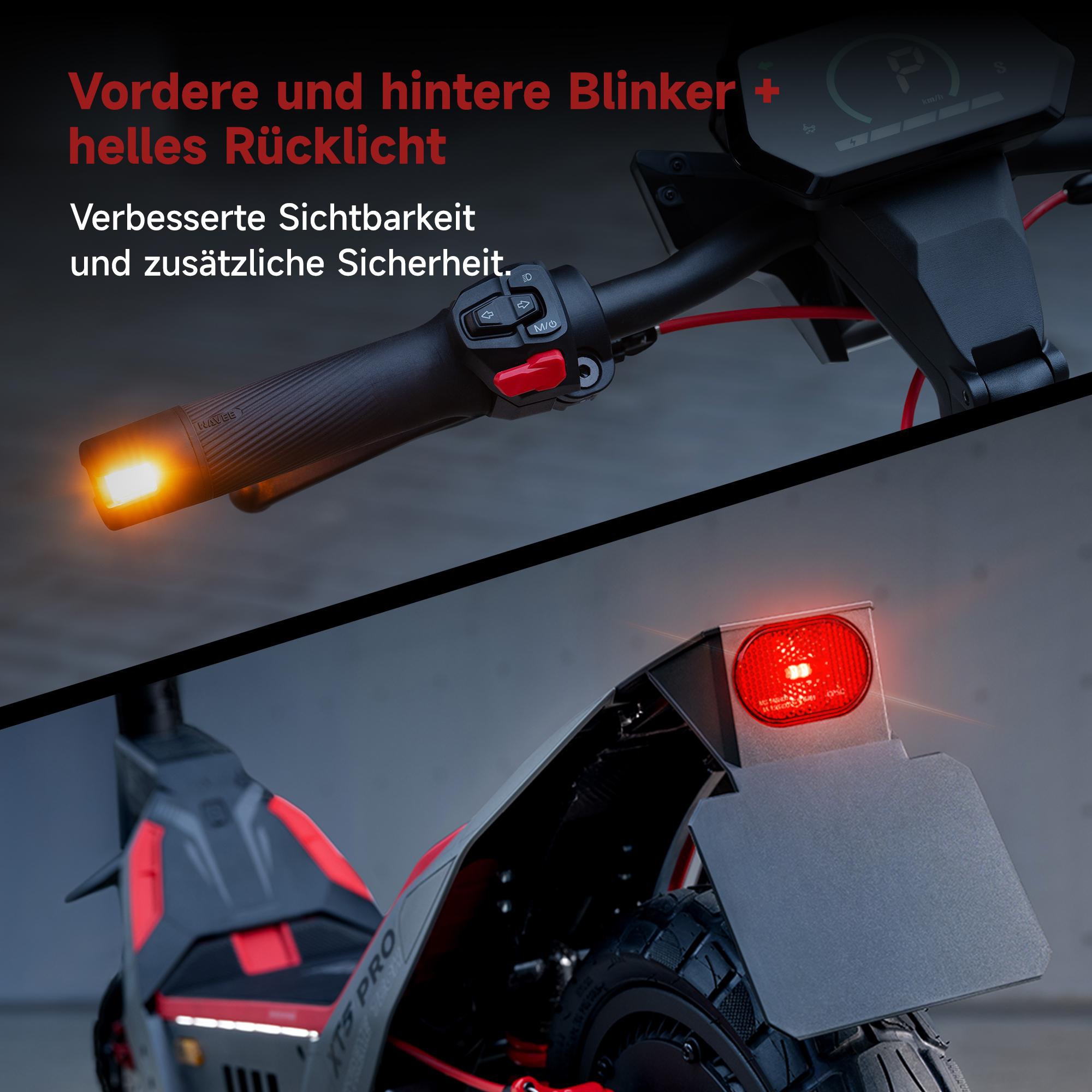 Elektroroller mit leuchtenden Blinkern und Rücklicht, Fokus auf Sicherheit.