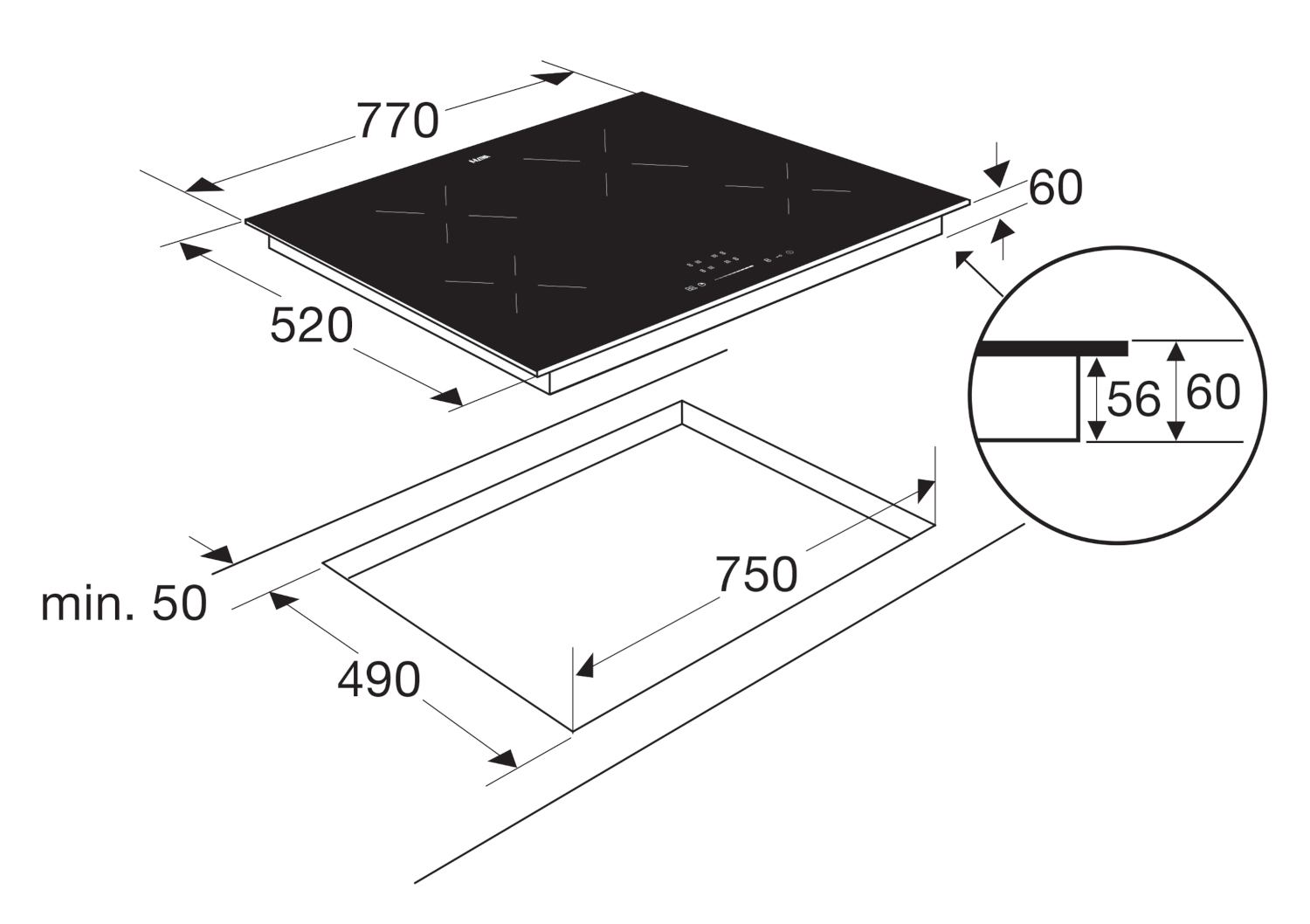 Inbouw kookplaat met afmetingen 770x520mm, uitsparing 750x490mm, hoogte 60mm.