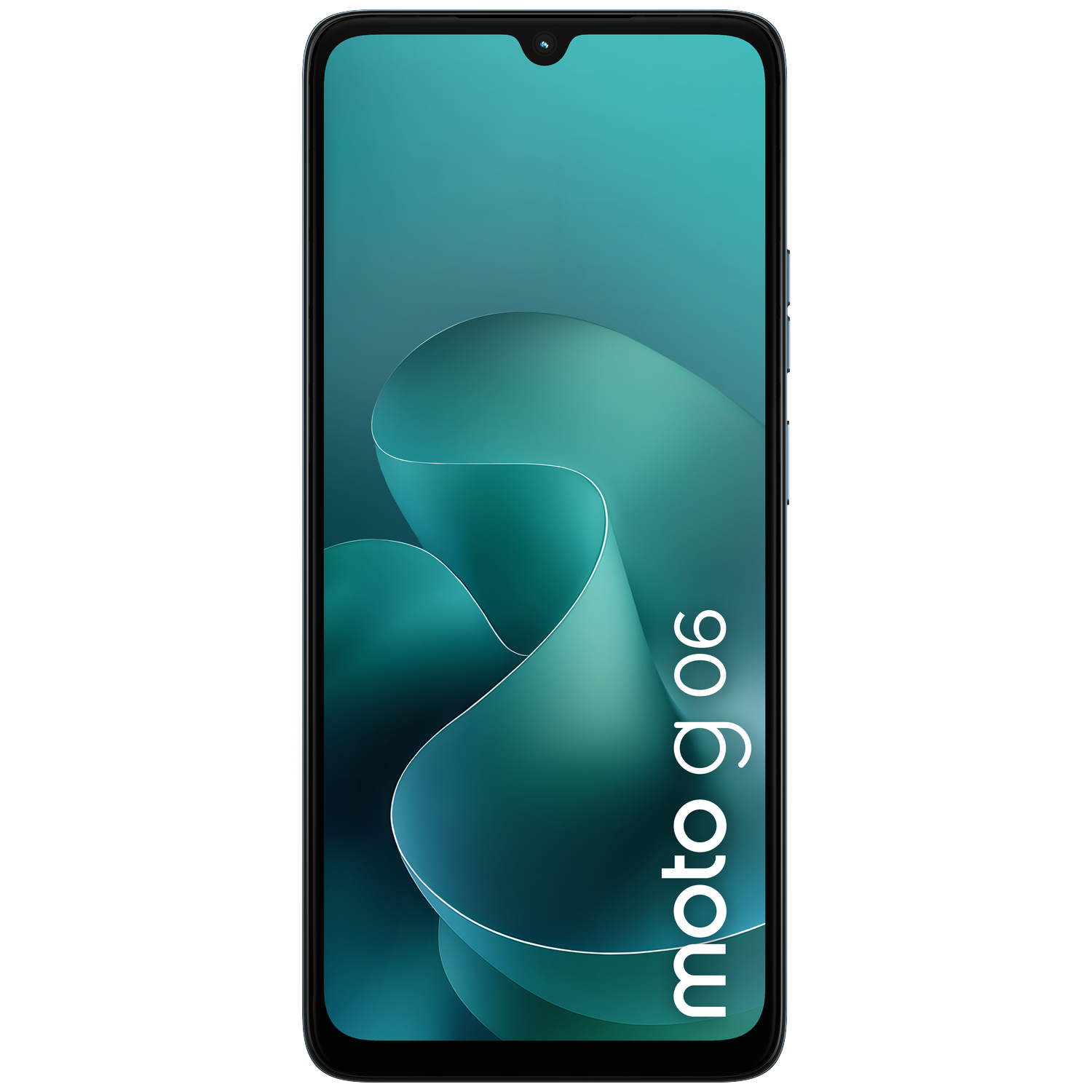 A black Motorola Moto G06 smartphone displayed against a teal abstract background.