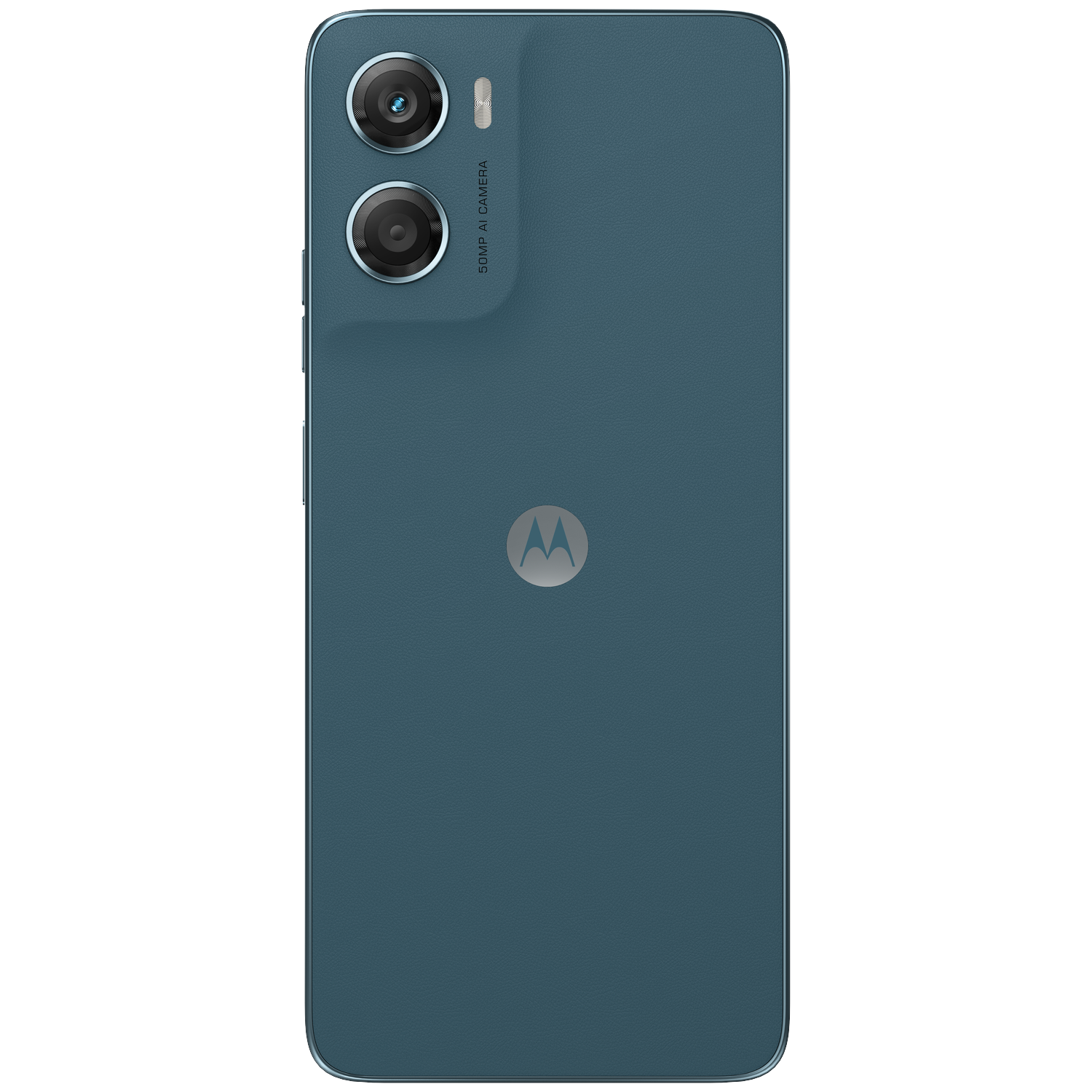 Back of a blue Motorola smartphone with two cameras and the Motorola logo.
