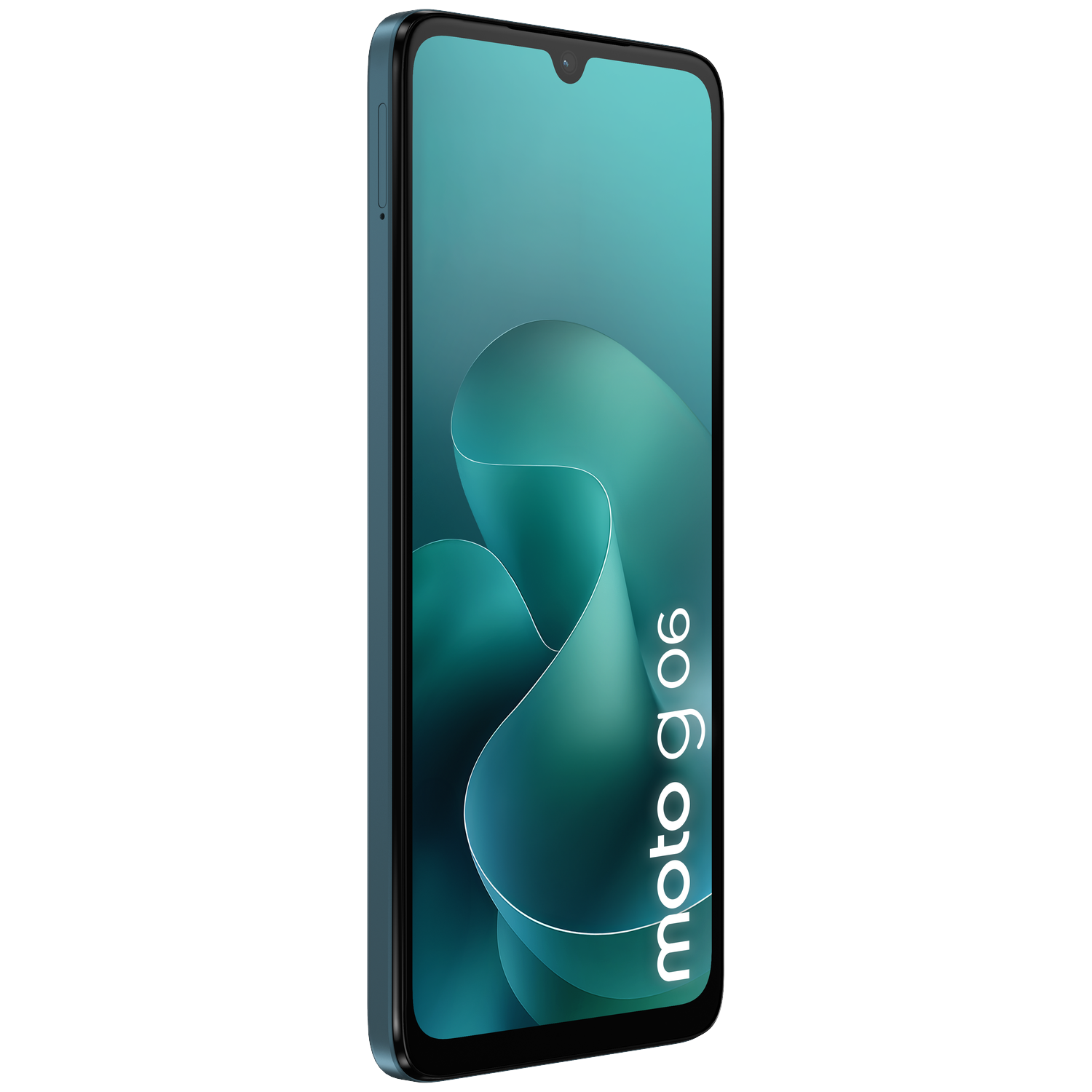 A blue Moto G06 smartphone with a teal background. Minimalist.