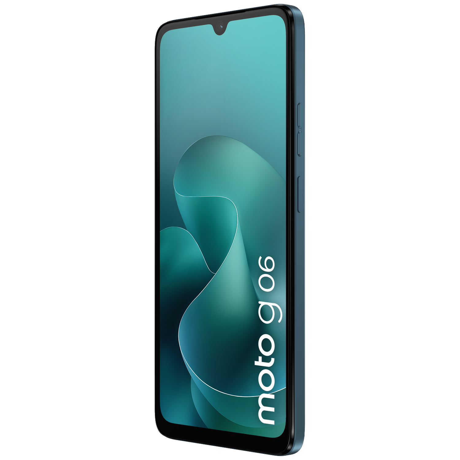 A blue Motorola Moto G06 smartphone with a wavy pattern on its screen.