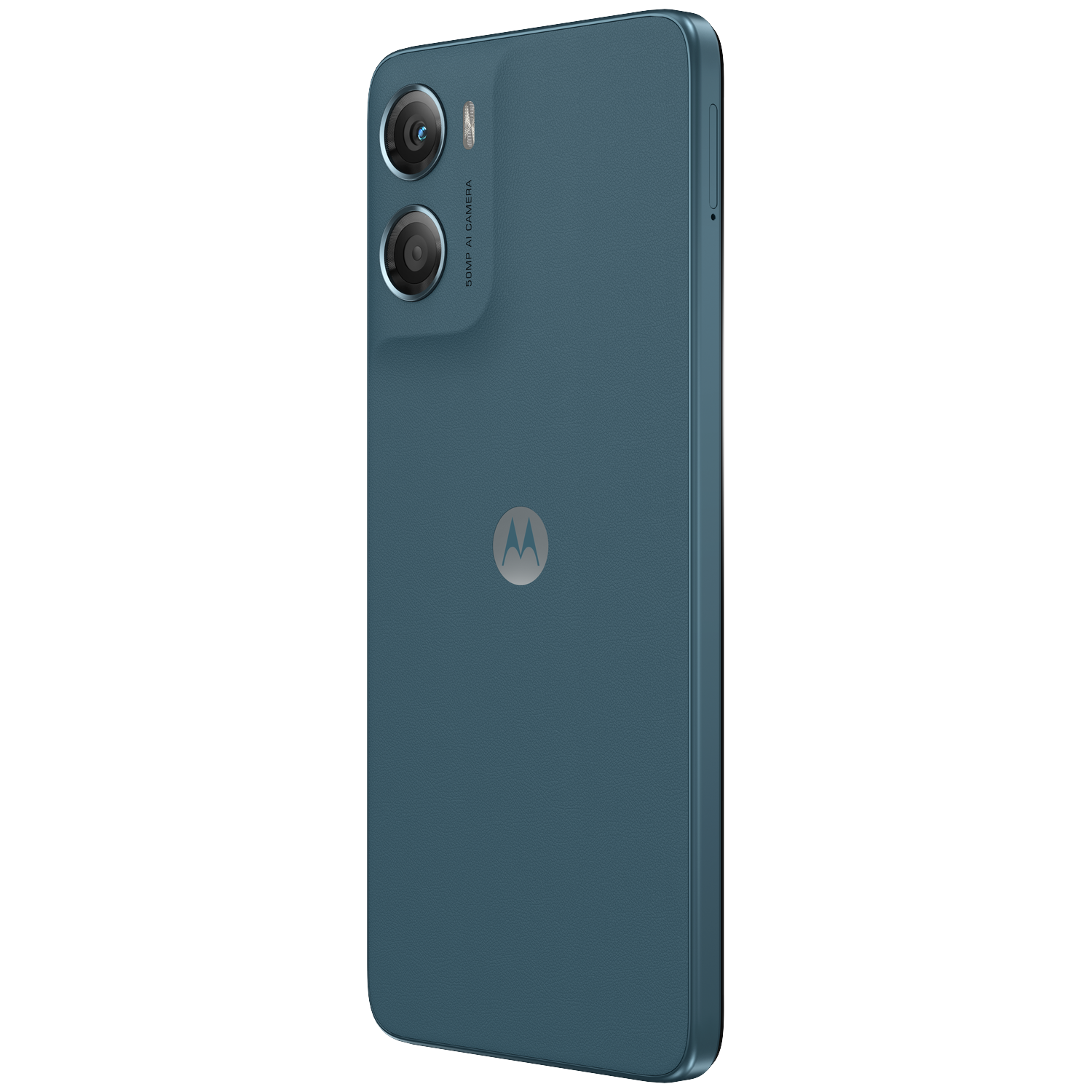 Back view of a blue smartphone with dual cameras and Motorola logo.