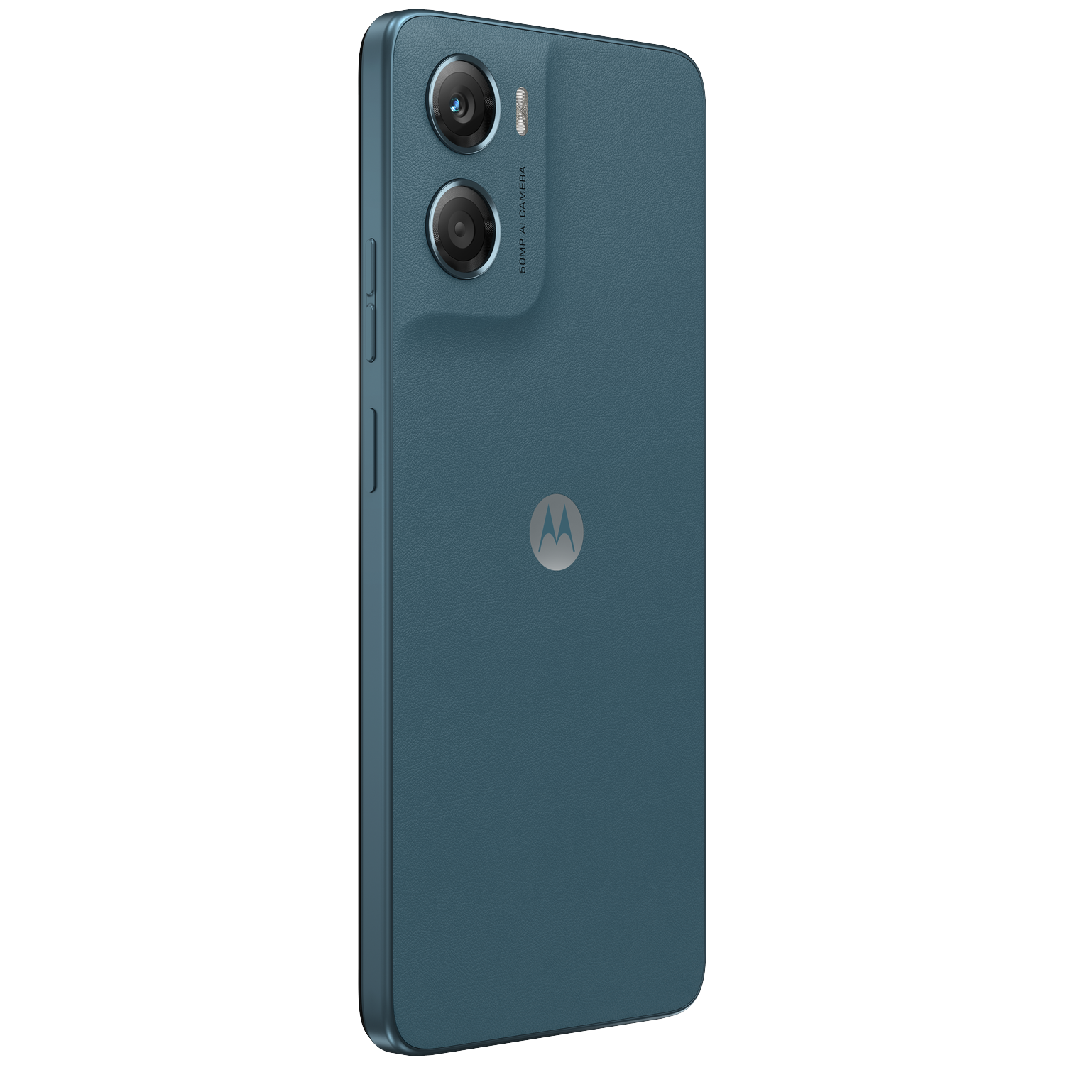 Back of a teal Motorola smartphone with dual cameras and Motorola logo.
