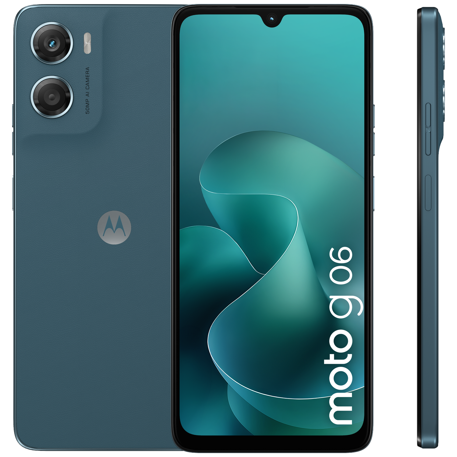 Three views of a blue Moto G06 smartphone with a dual camera.