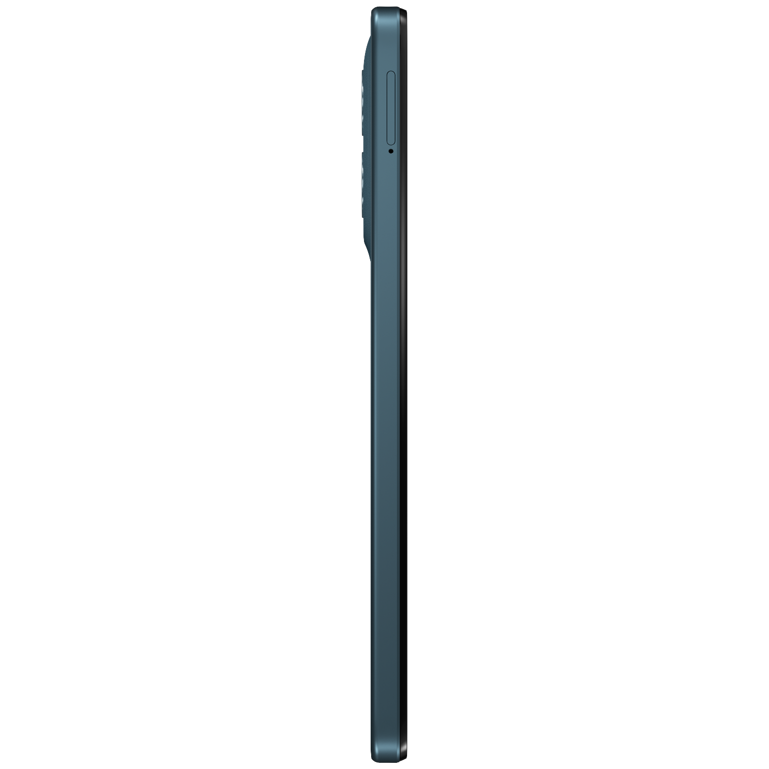 Side view of a dark blue smartphone showing the SIM tray and buttons.