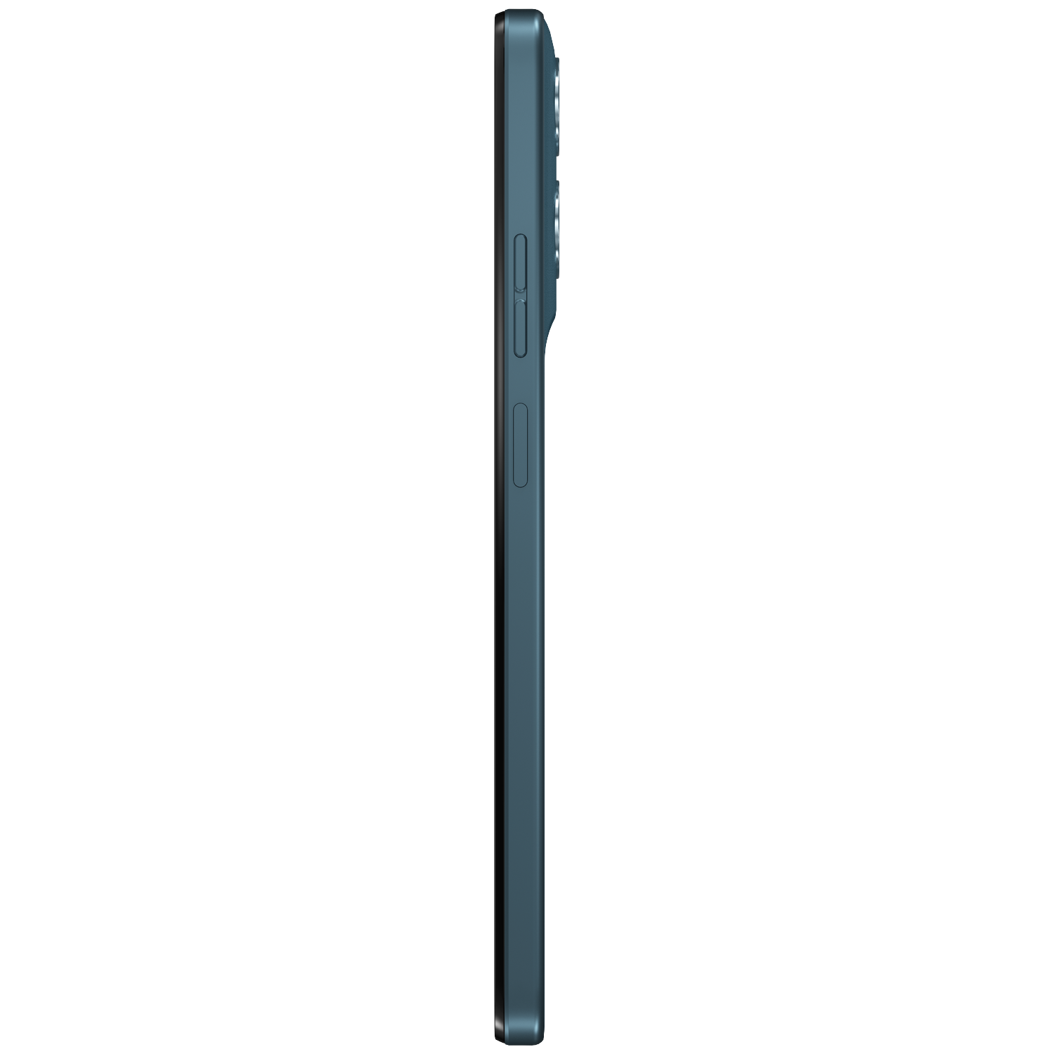 Side view of a dark blue smartphone with rear cameras and buttons.