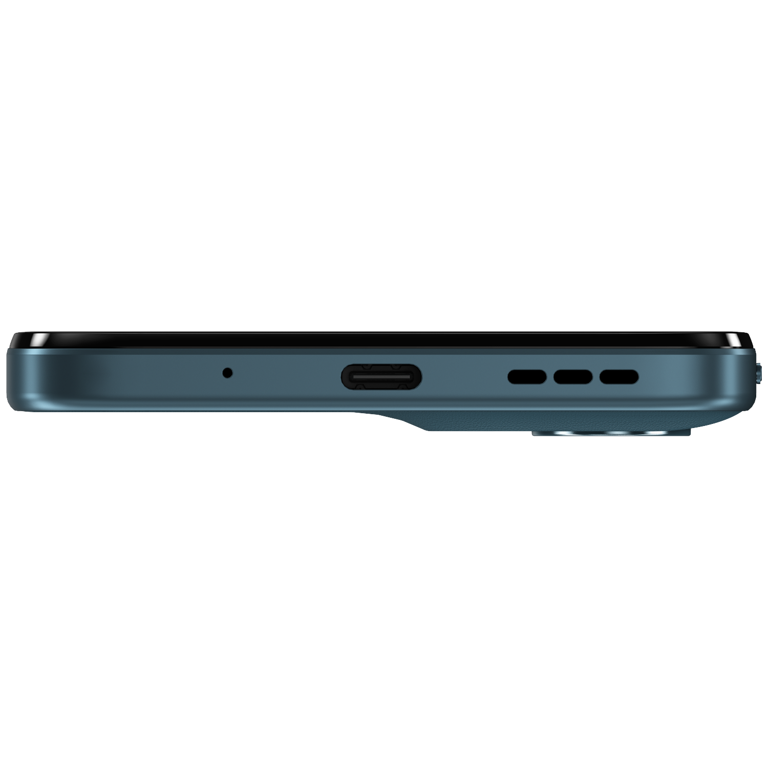 Side view of a blue smartphone showing a USB-C port and speaker grilles.