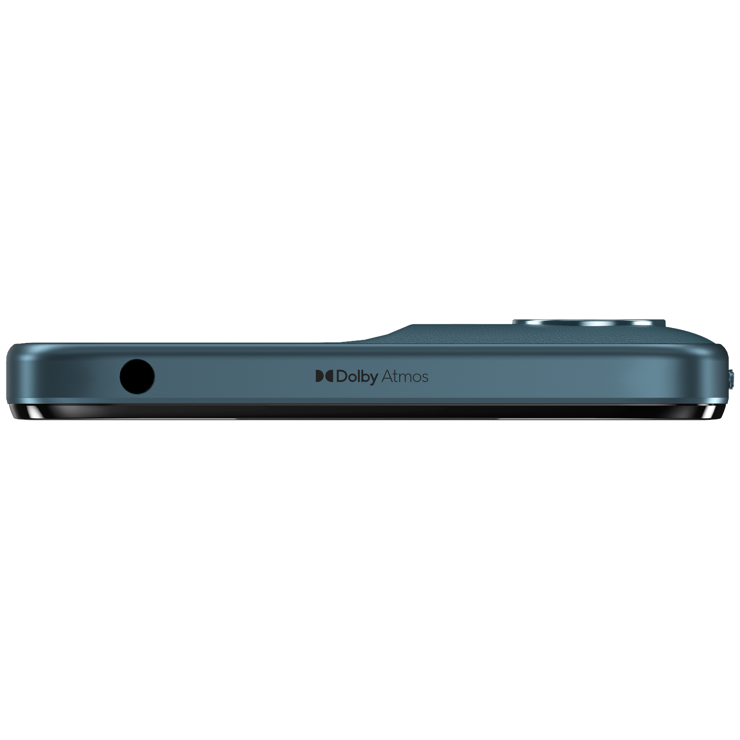 Blue phone edge with headphone jack and Dolby Atmos logo.