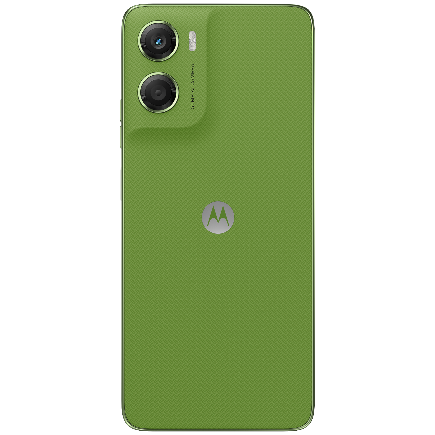 Green smartphone with dual cameras and Motorola logo on the back.