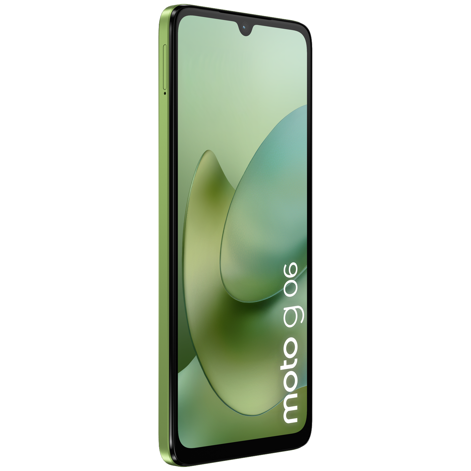 A green Motorola Moto G06 smartphone with a teardrop notch.