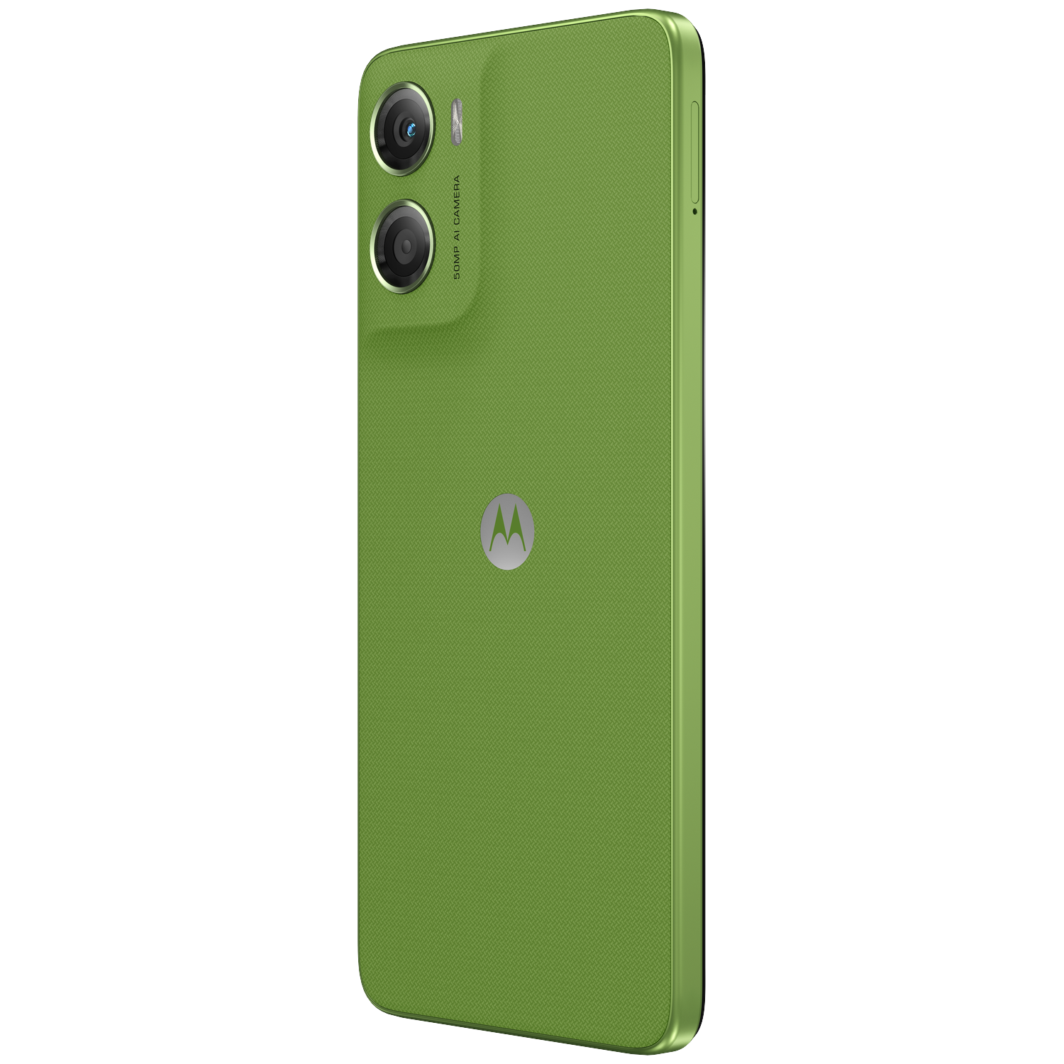 Green smartphone with dual cameras and Motorola logo on a white background.