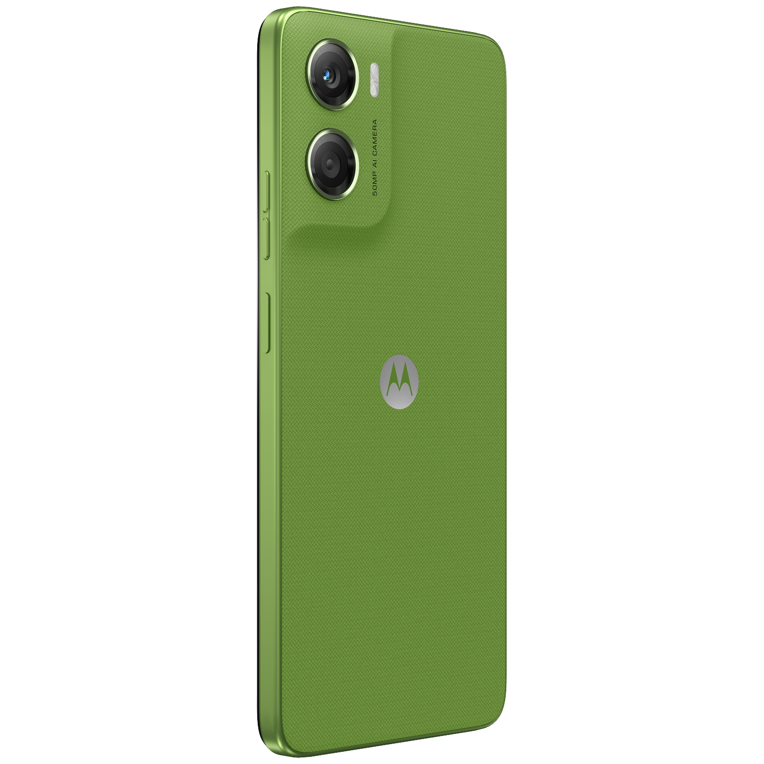 Green Motorola phone with dual cameras and logo on the back.