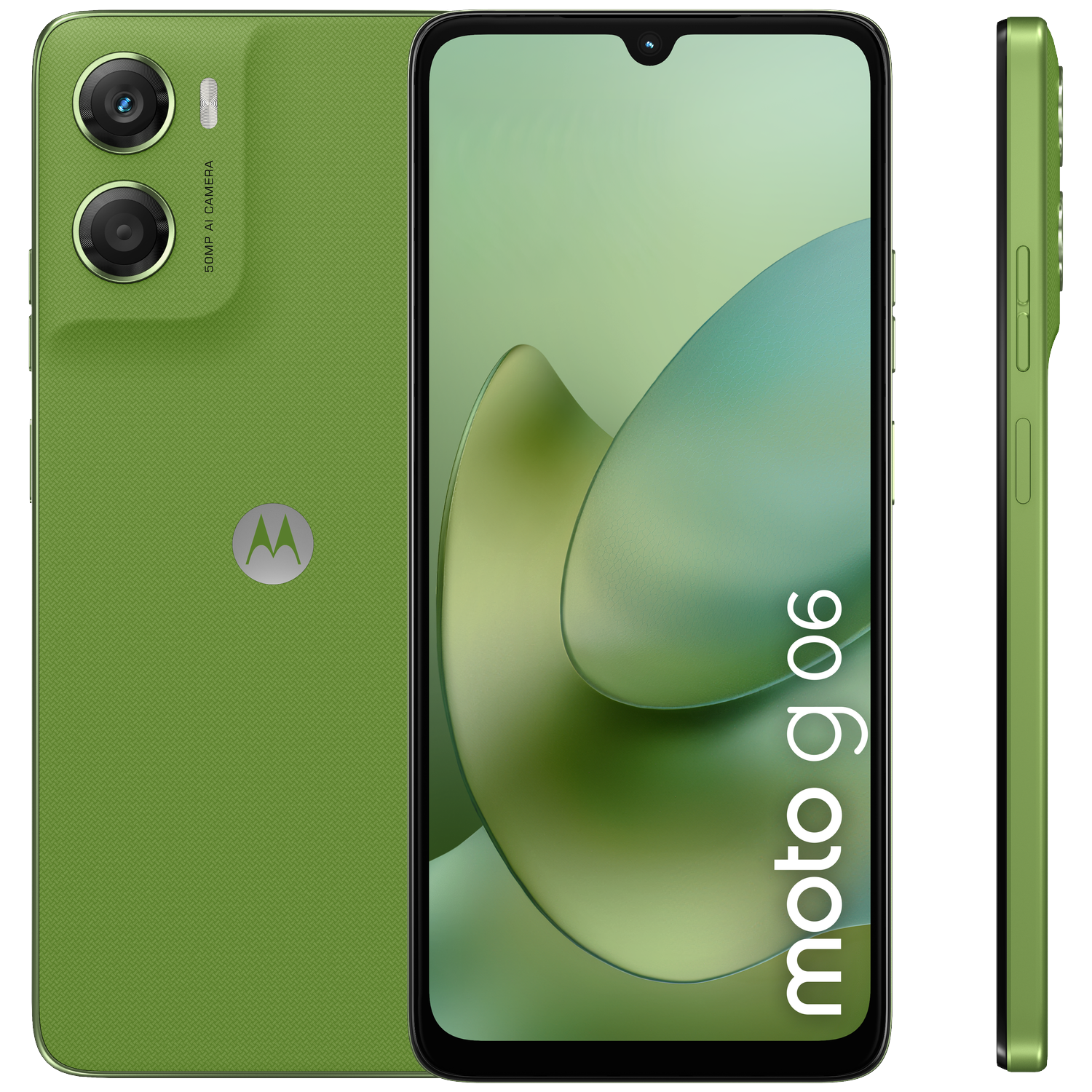 Green Motorola Moto G06 smartphone shown from front, back, and side.