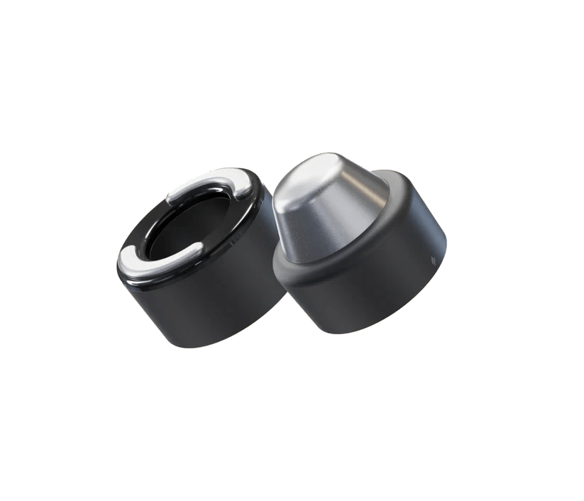 Dos auriculares negros con puntas plateadas y detalles blancos.