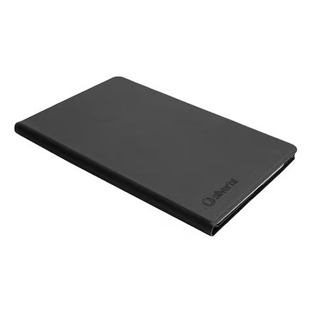 Una funda de tableta negra cerrada con superficie texturizada y el 