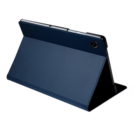 Un soporte azul oscuro para tableta con una tableta apoyada dentro.