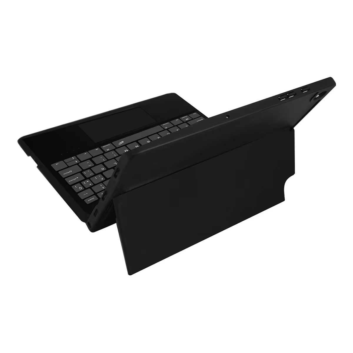 Tableta negra con teclado y soporte desmontables.