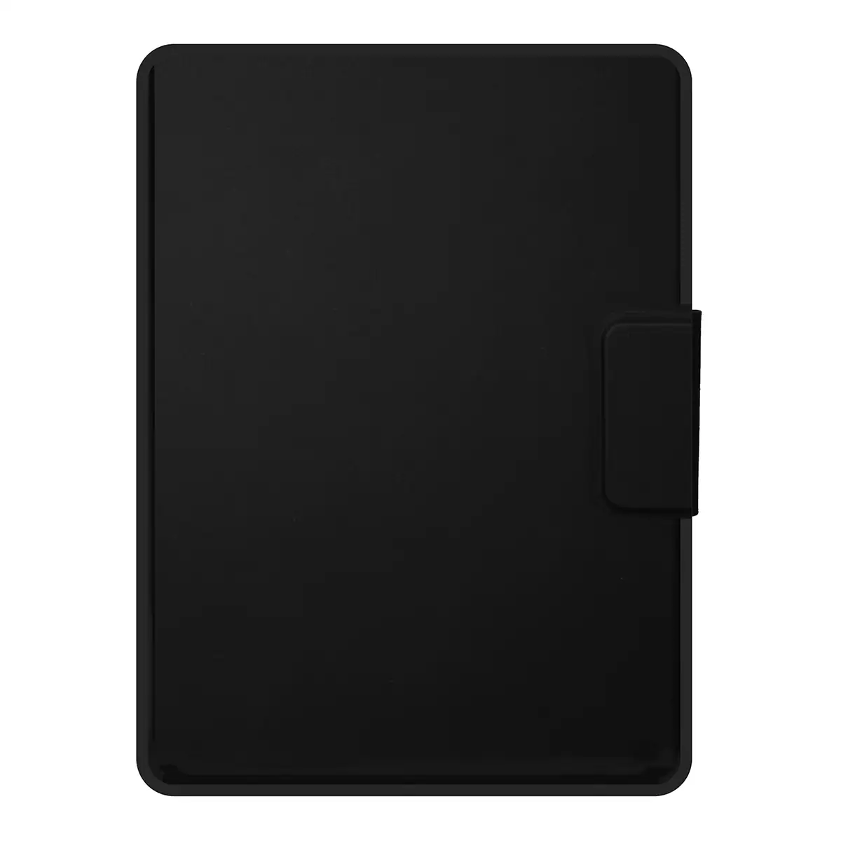 Funda negra para tableta con solapa cerrada a la derecha.