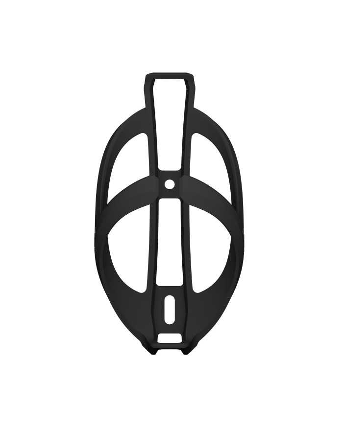 Un portabotellas de bicicleta negro de diseño abierto.