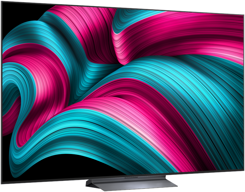 Een moderne televisie toont een abstract patroon van vloeiende, kleurrijke strepen in roze en turkoois.