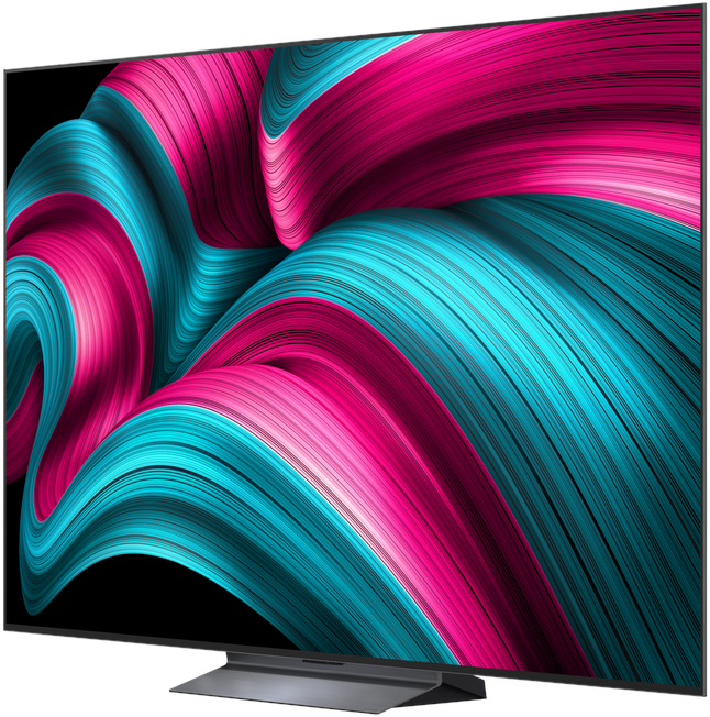 Een moderne televisie met abstracte, wervelende roze en turquoise patronen.