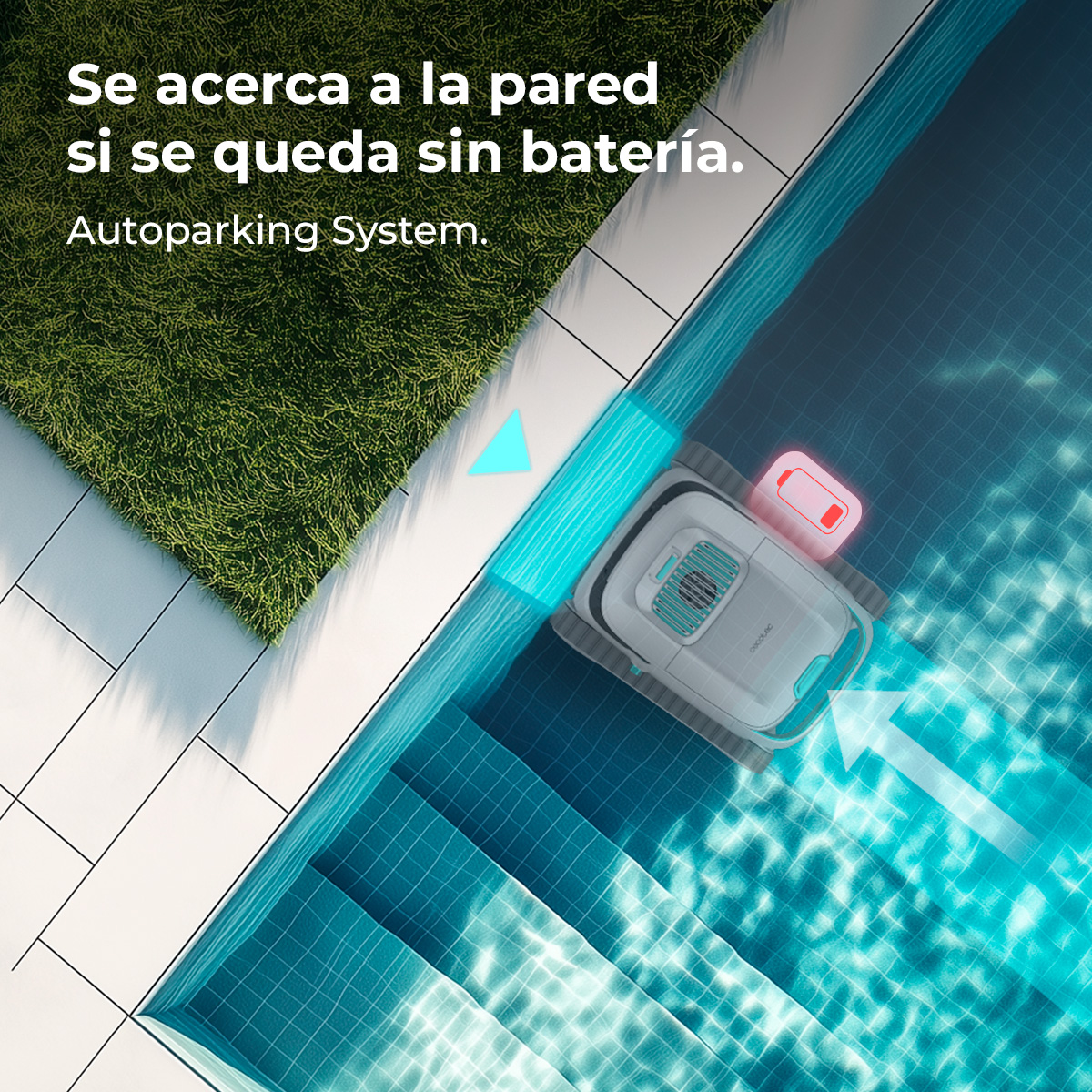 Un limpiafondos se acerca a la pared si se queda sin batería.