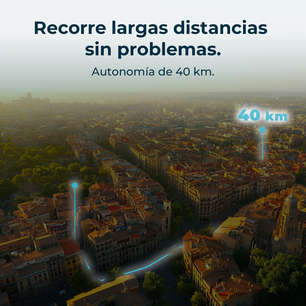 Vista aérea de una ciudad con texto "40 km" y una ruta.