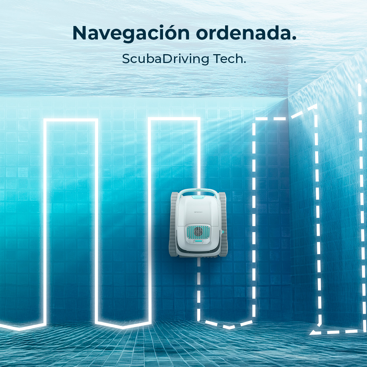 Un robot de piscina blanco navega bajo el agua, guiado por líneas brillantes.
