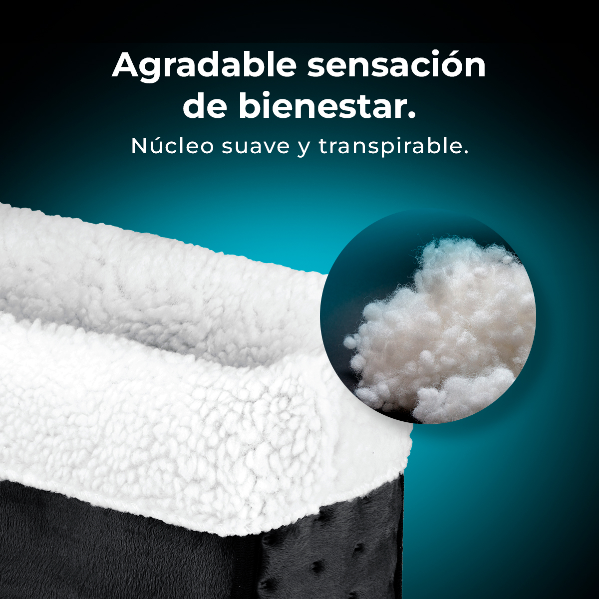 Tejido sherpa blanco y suave con primer plano de relleno de fibra.
