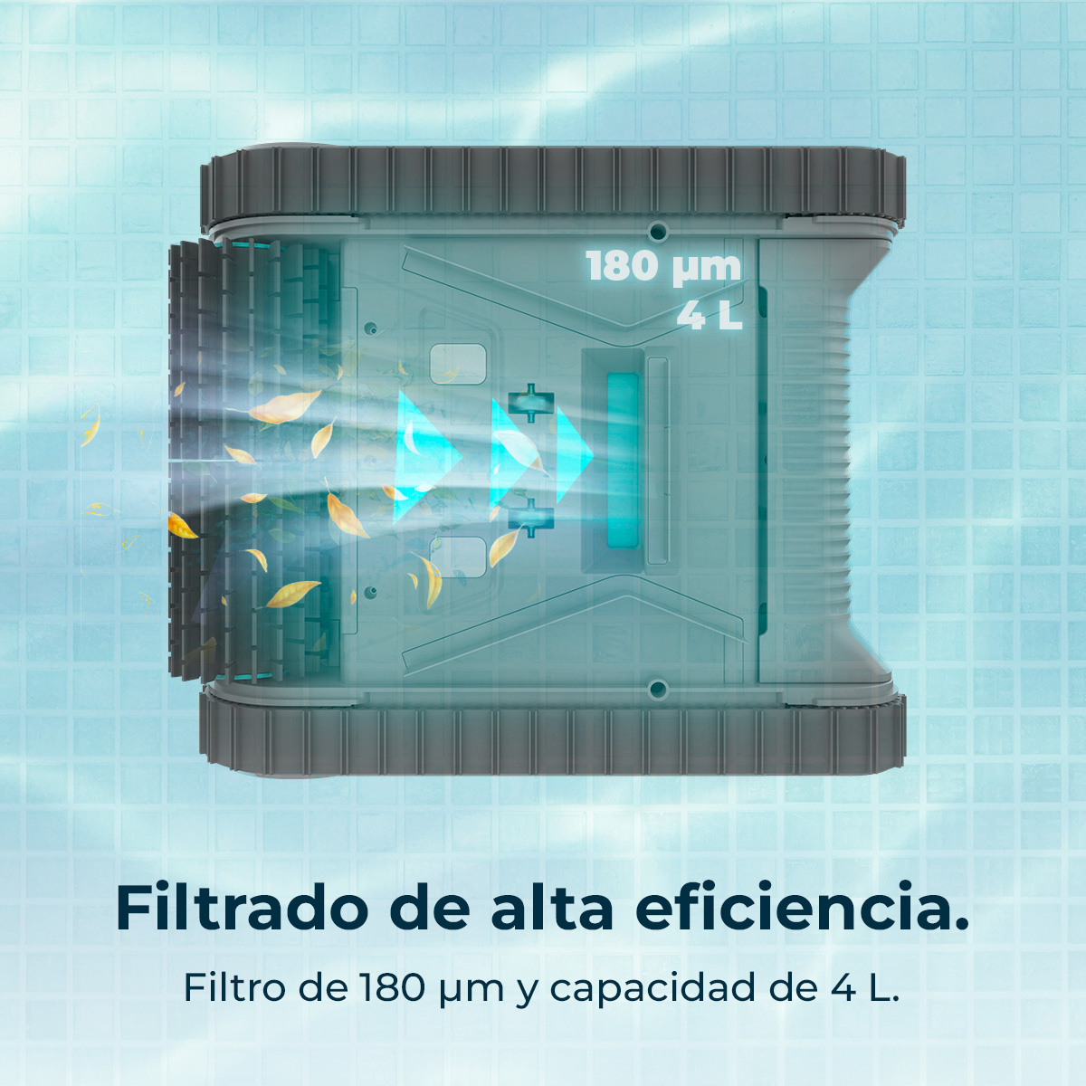Un limpiafondos filtra hojas, mostrando filtración de 180 µm y capacidad de 4 L.