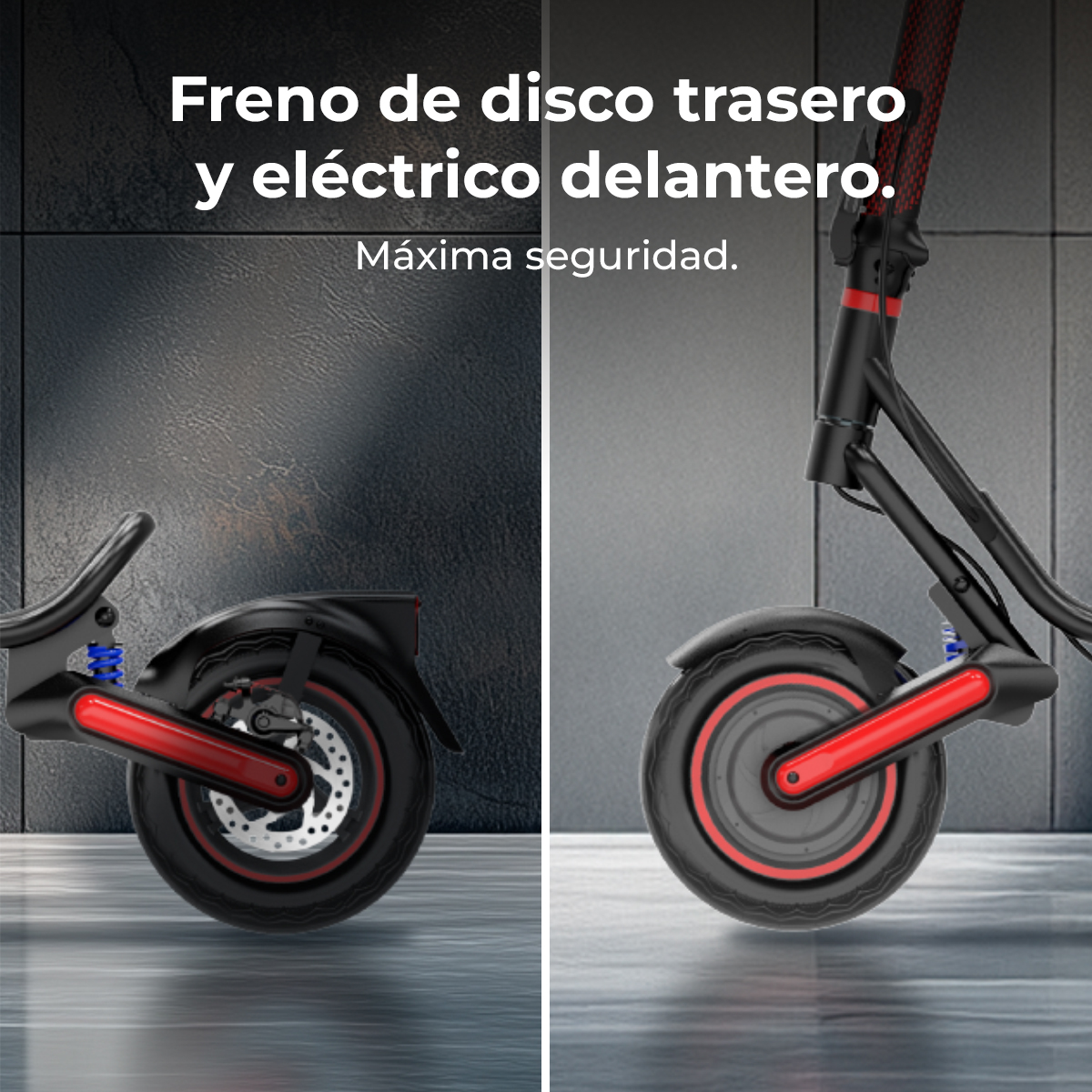 Patinete eléctrico: freno de disco trasero, freno eléctrico delantero. Máxima seguridad.