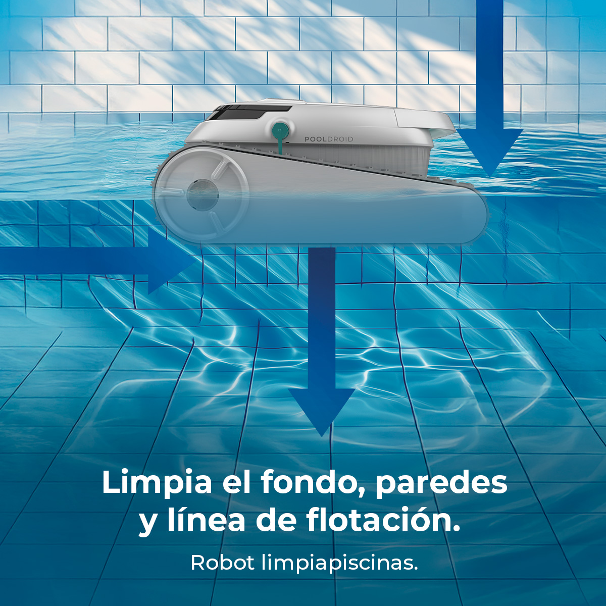 Un robot limpia el fondo, las paredes y la línea de flotación.