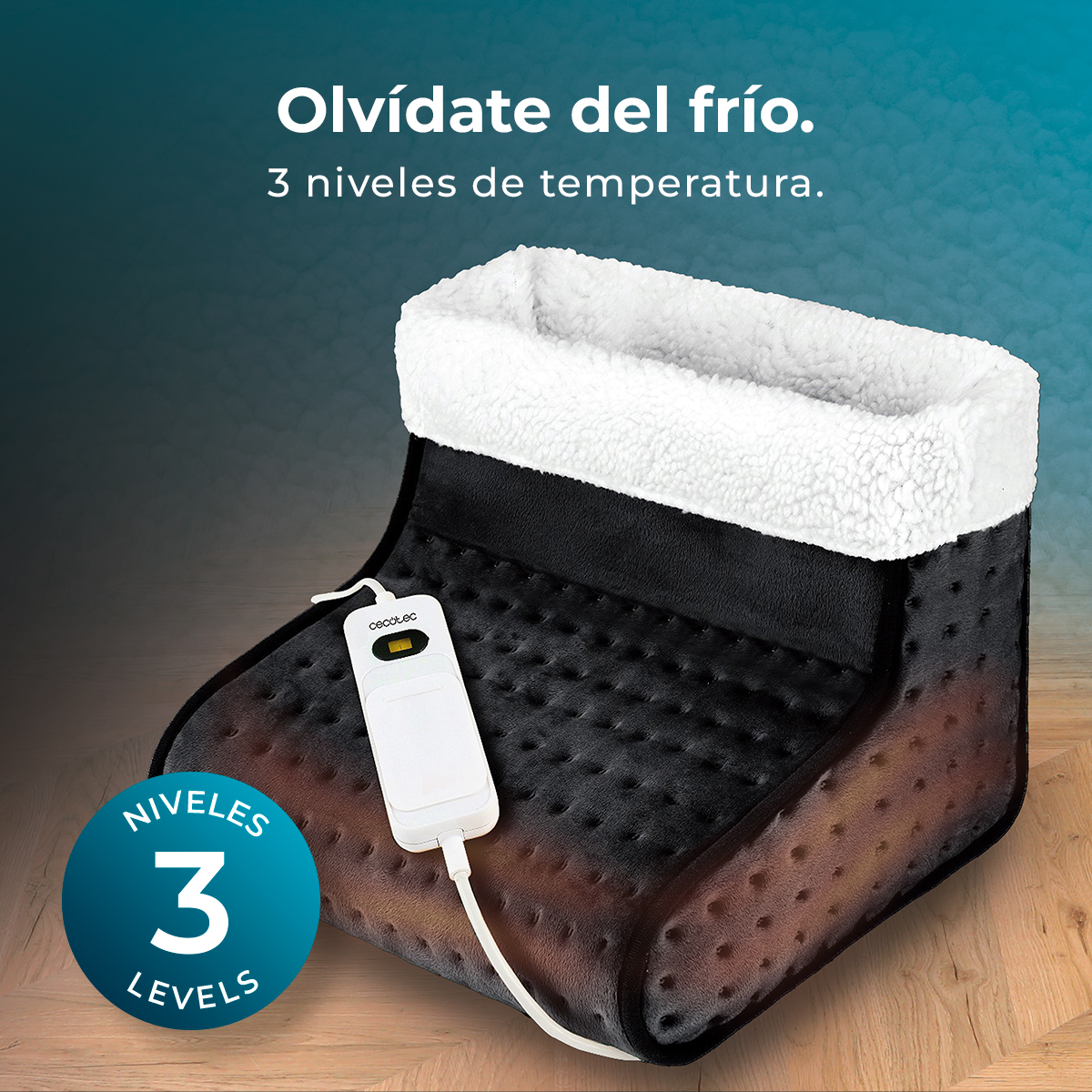 Calentador de pies negro con forro de felpa blanco, mando blanco e icono "3 Niveles".