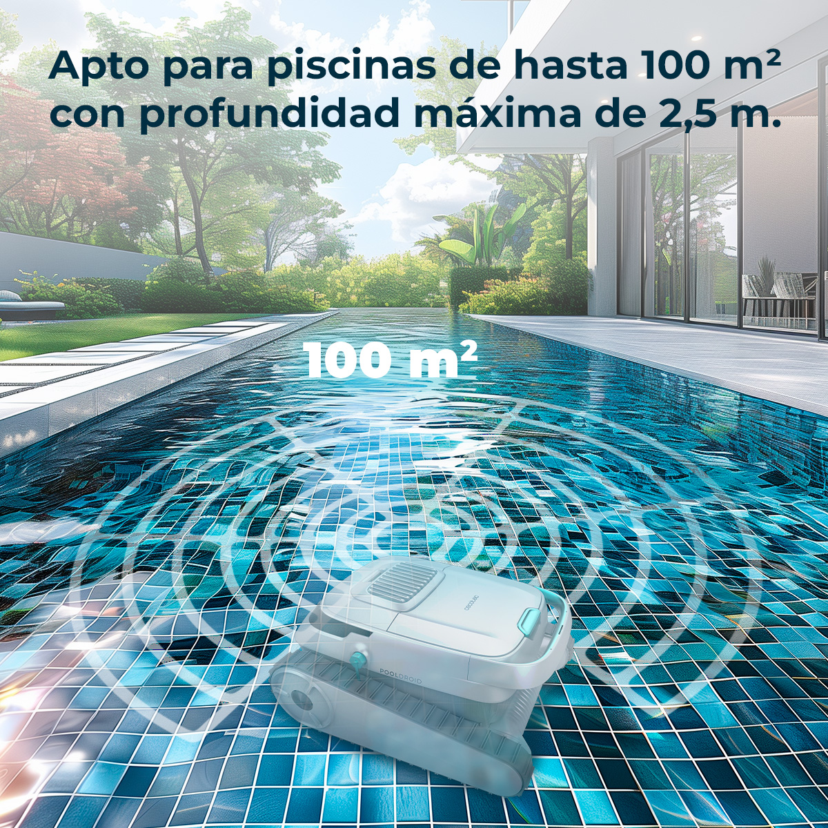Un limpiador blanco opera en el fondo de una piscina. "100 m²" se muestra en el agua.