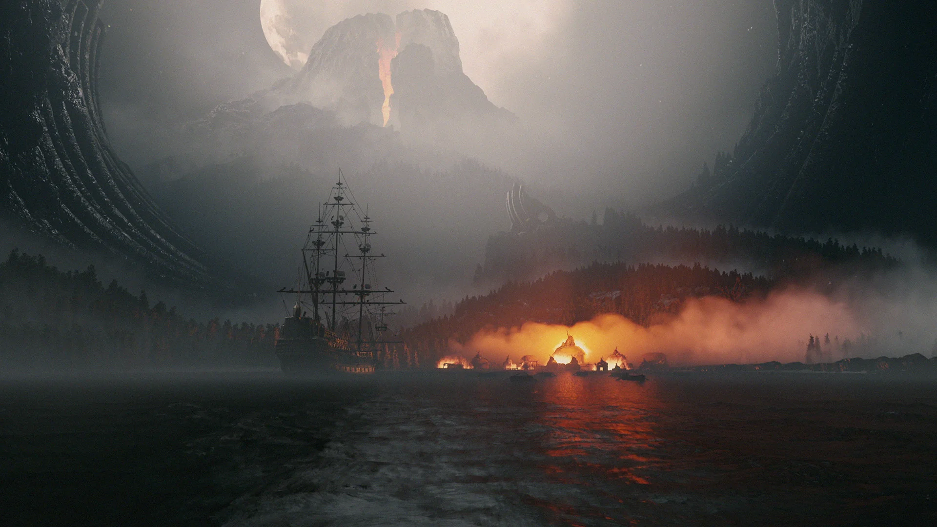 Voilier devant une ville côtière en feu avec volcan dans le brouillard.