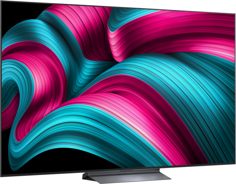 Een moderne televisie met een abstracte, vloeiende afbeelding in roze en turquoise.