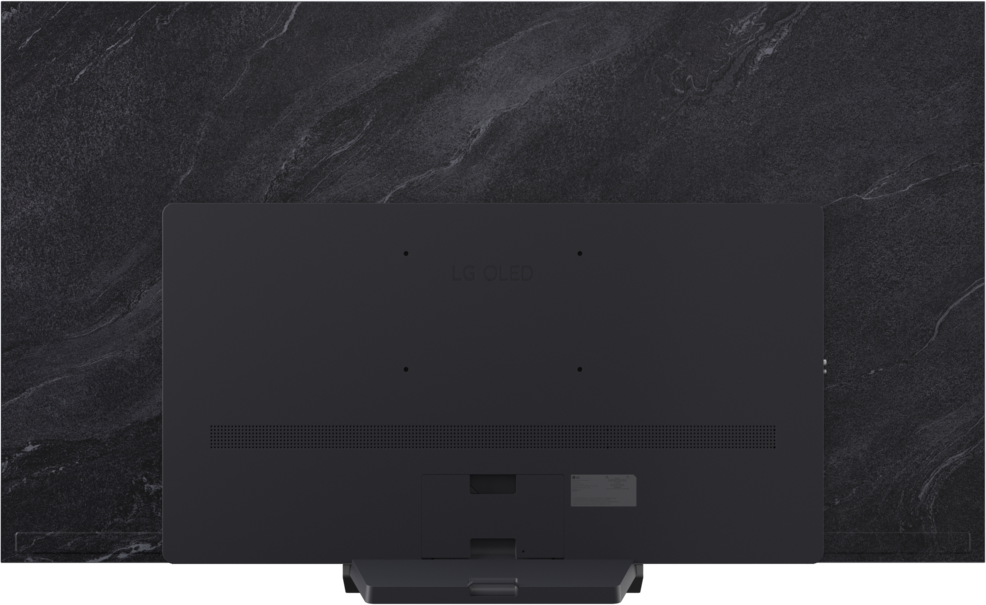 Achterkant van een zwarte LG OLED TV met marmeren accent.