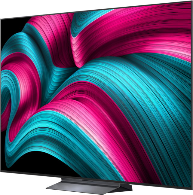 Een moderne tv toont een abstract patroon van wervelende roze en teal kleuren.