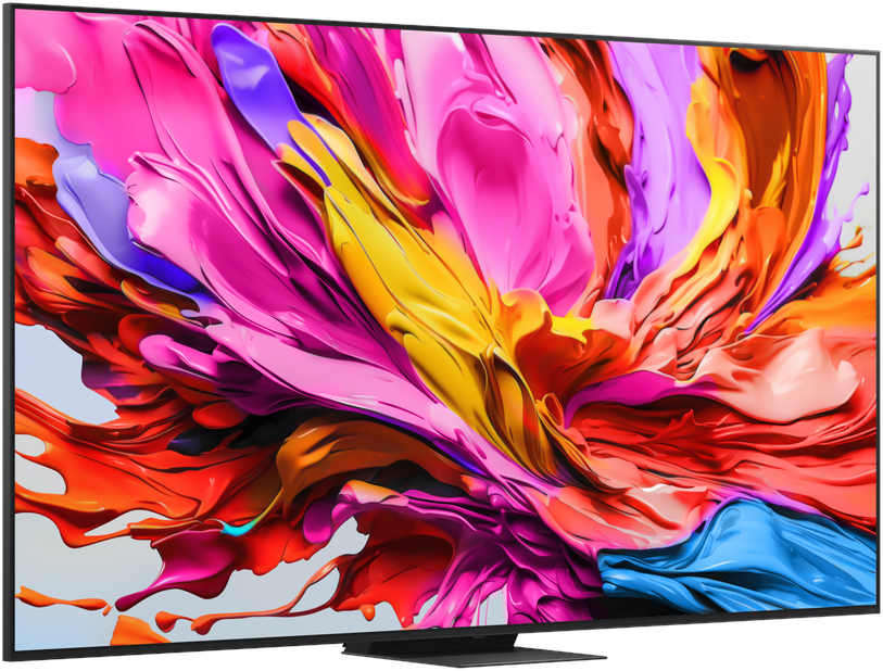 A modern TV displaying an abstract, colorful image of paint and motion.