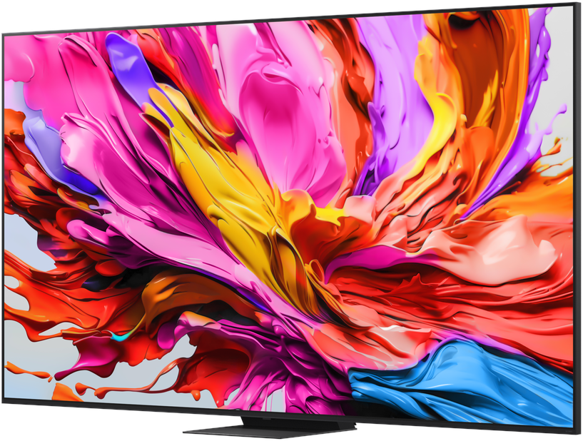 A modern television displays an abstract image with vibrant colors.