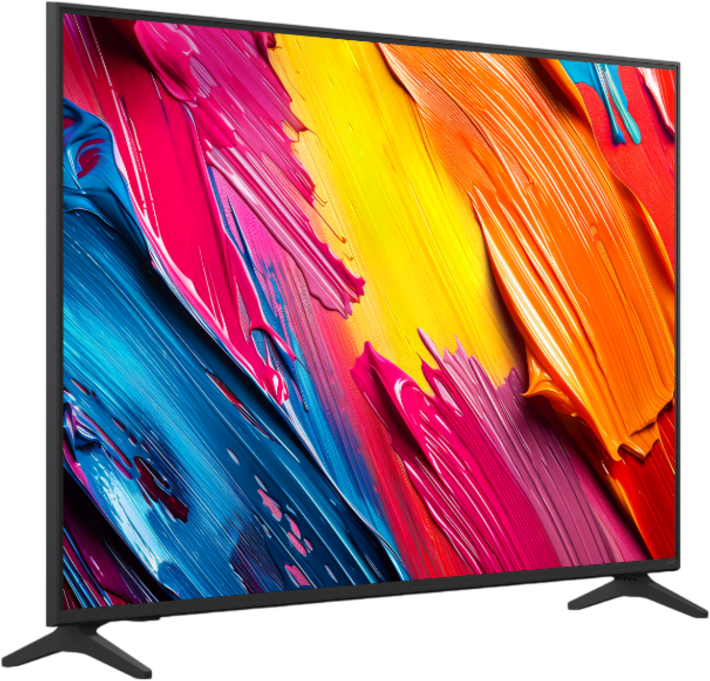 A black television displays an abstract image with bold strokes of pink, blue, and yellow paint.