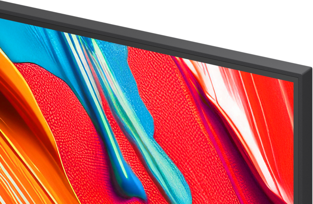Part of a monitor showing an abstract, colorful pattern in red, blue, and orange.