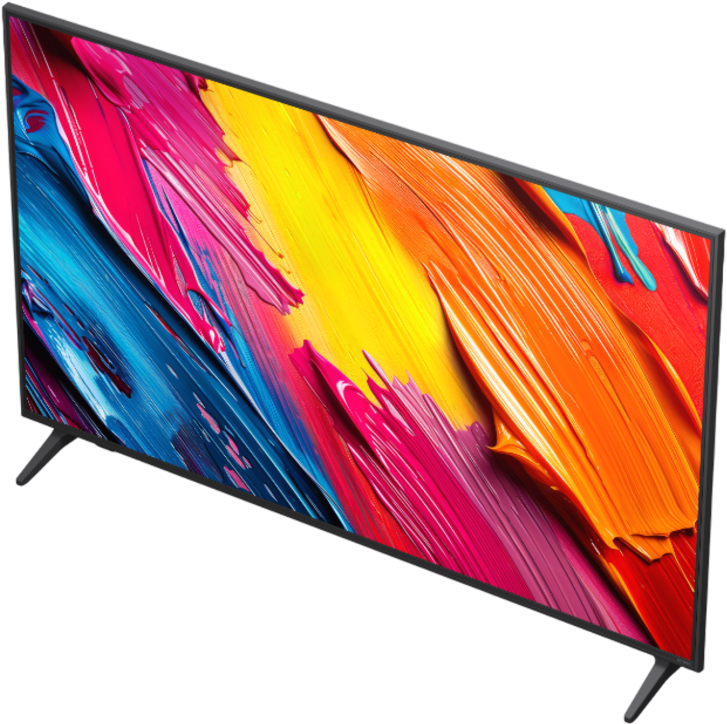 A modern television displaying a vibrant, abstract screensaver with colorful strokes.